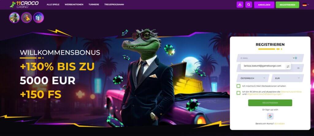 Die 11Croco Webseite bewirbt das Willkommenspaket