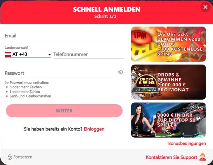 Die 1ClickWin Anmeldung besteht aus zwei Schritten