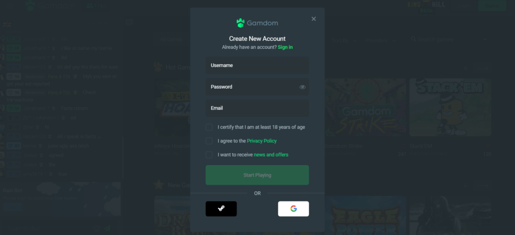 Anmeldeprozess bei Gamdom