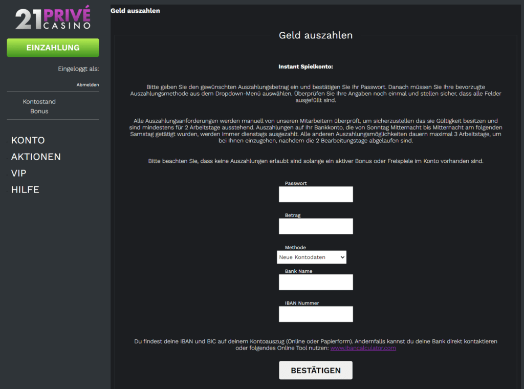 Wie Sie im 21Prive Casino auszahlen