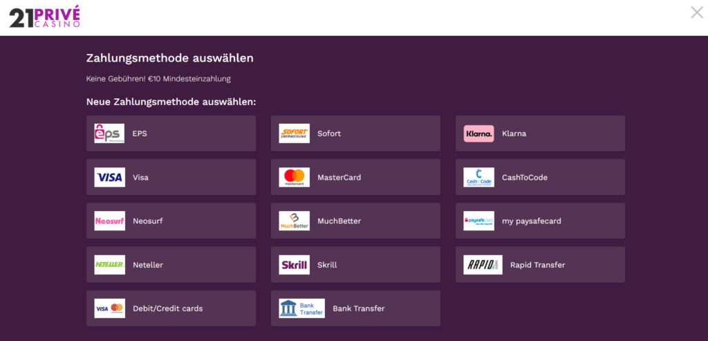 21Prive Einzahlungsmethoden
