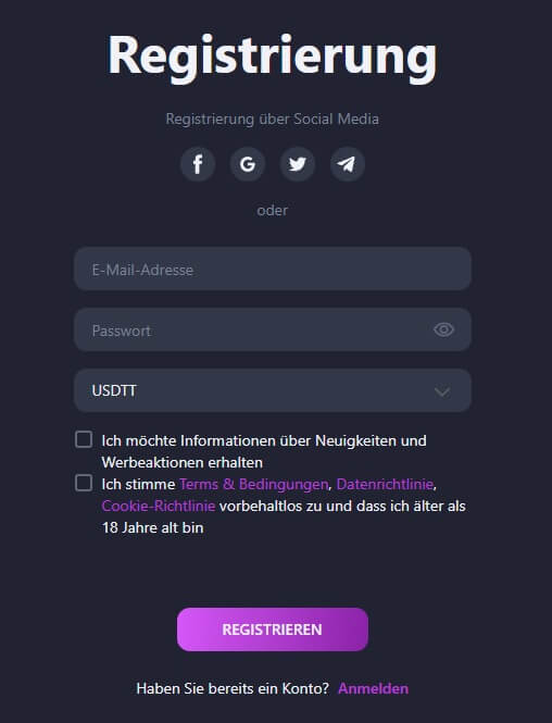 Die Anmeldung im Vera Casino geht rasend schnell. Dieses Formular ausfüllen und E-Mail bestätigen