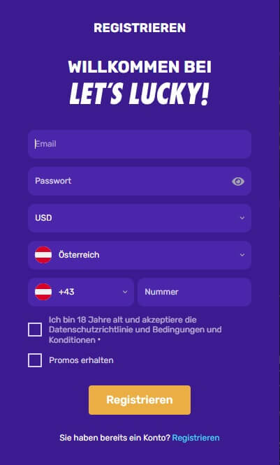 Anmeldung bei LetsLucky