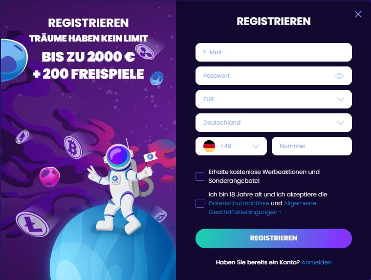 Anmeldung bei Bitdreams Casino