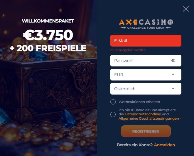 Die AxeCasino Registrierung ist schnell erledigt