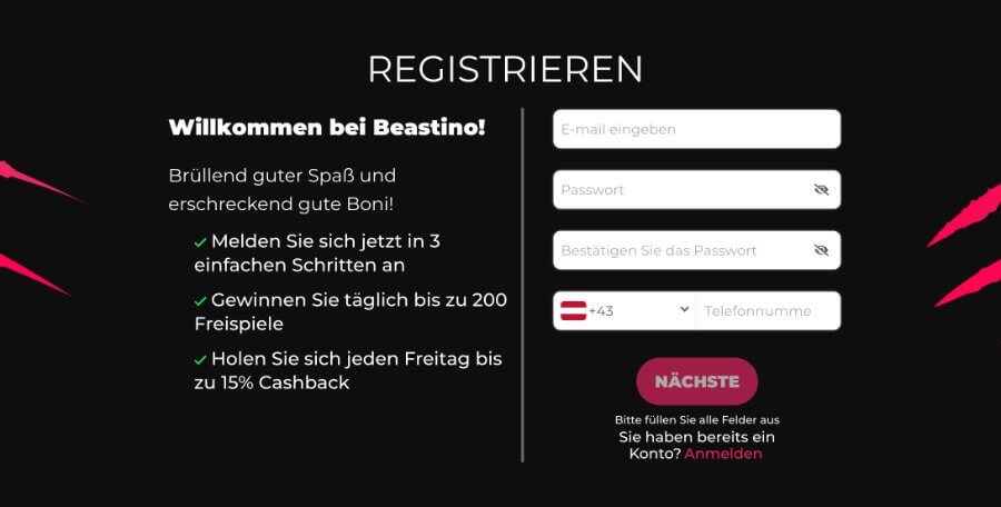 Registrieren Sie sich bei Beastino