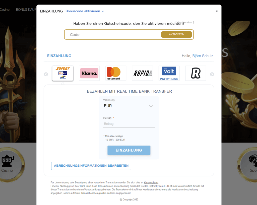 Betrophy Casino Einzahlung