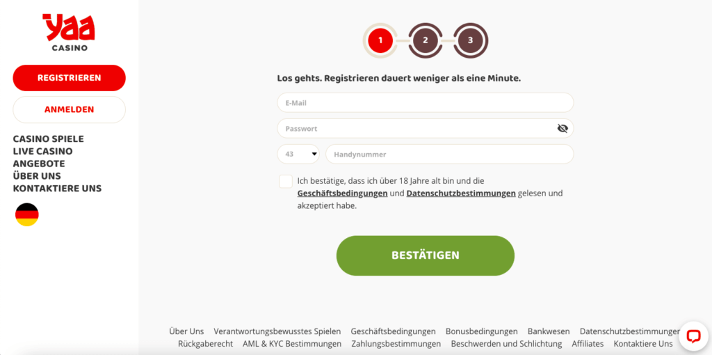 Registrierung bei Yaa Casino