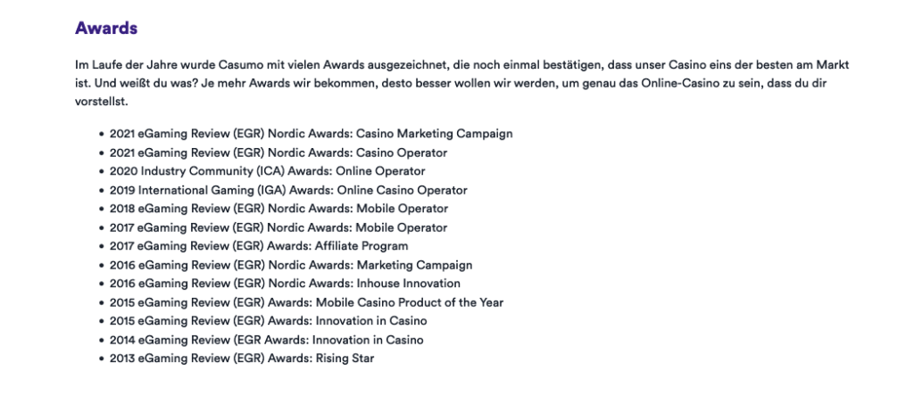 Auszeichnungen Casumo