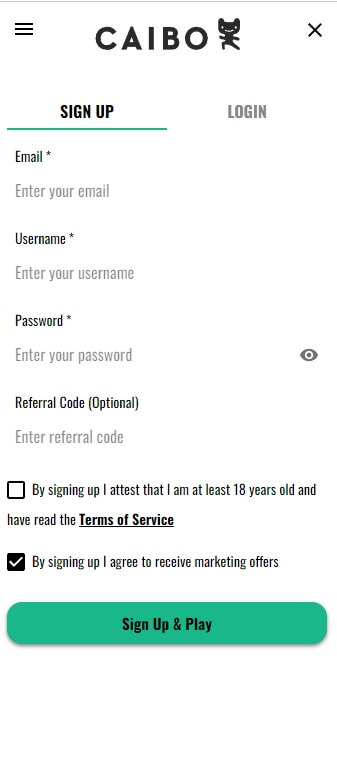 Das Registrierungsformular bei Caibo.fun