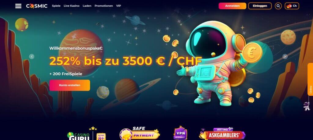 Die Startseite des CosmicSlot Casinos bewirbt die Bonusangebote