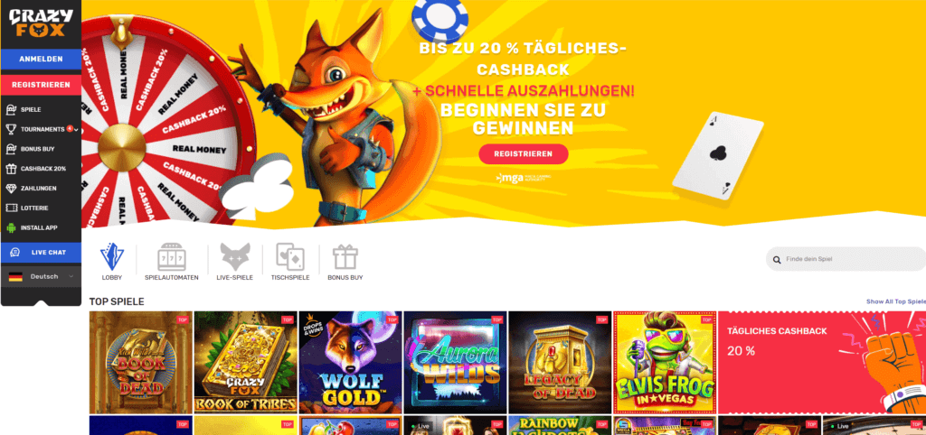 Crazy Fox Casino homepage welcome