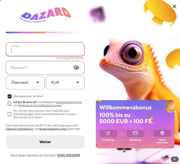 Dazard Casino Anmeldung