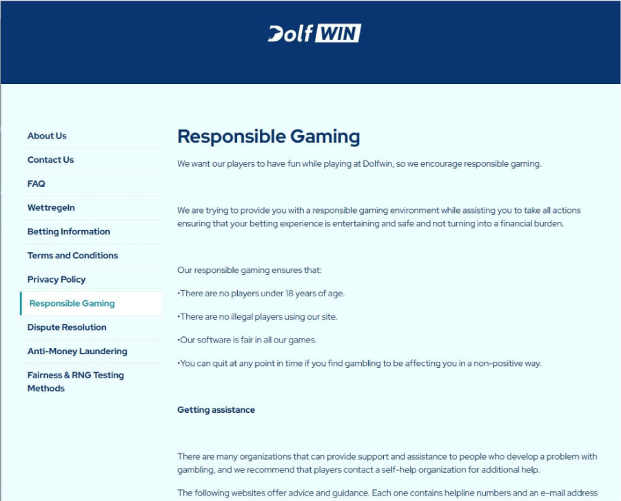 Verantwortungsvolles Spielen bei Dolfwin