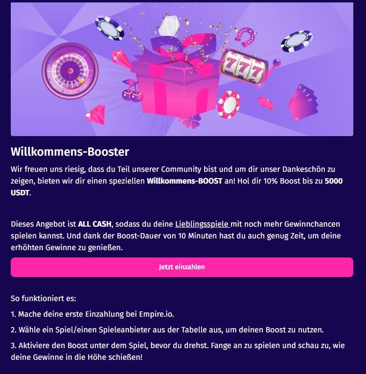 Nutzen Sie den Empire.io Willkommensbonus, um 10% Ihrer erlittenen Verluste in Echtgeld zurückzuerhalten