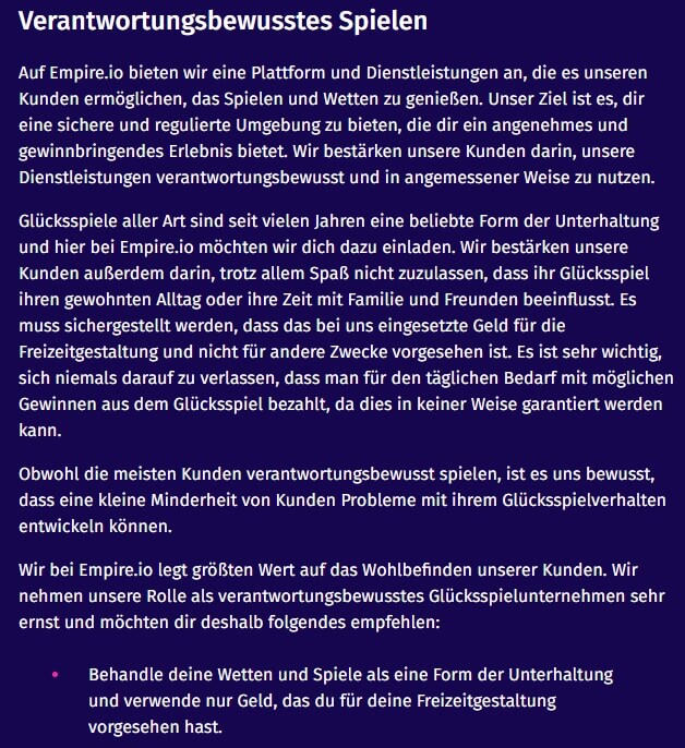 Ein ausführlicher Text informiert Sie im Empire Casino über das verantwortungsvolle Spielen