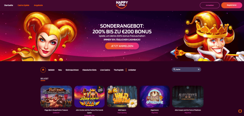 Die Startseite dieses Online-Casinos