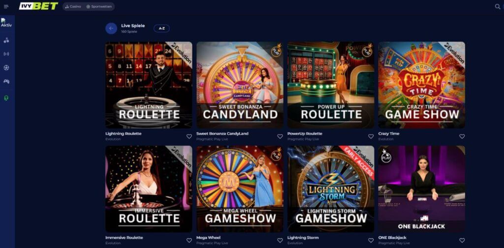 Die Live Casino Lobby bei IvyBet 