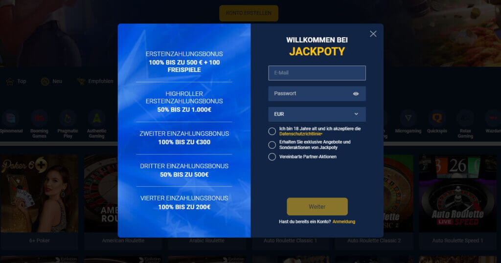 Registrierung bei Jackpoty