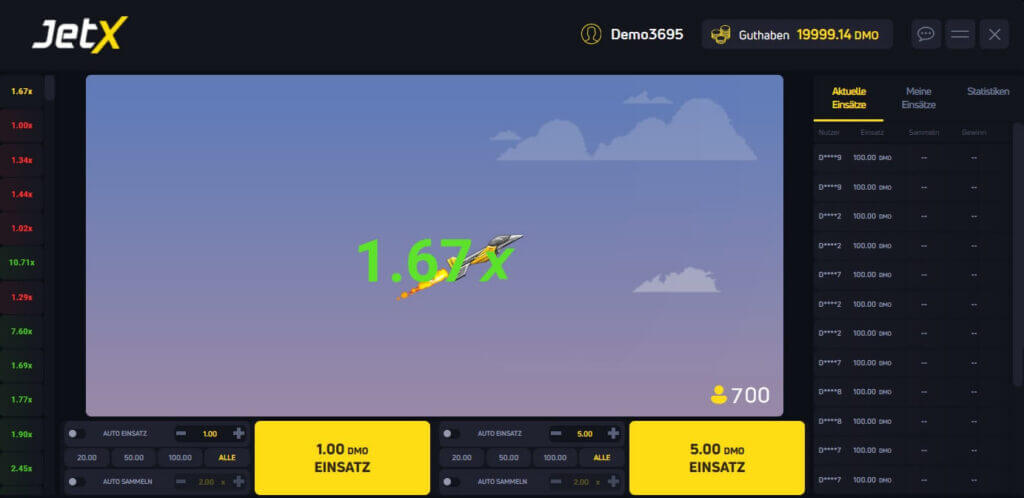 Der aktuelle Gewinnmultiplikator wird bei JetX angezeigt