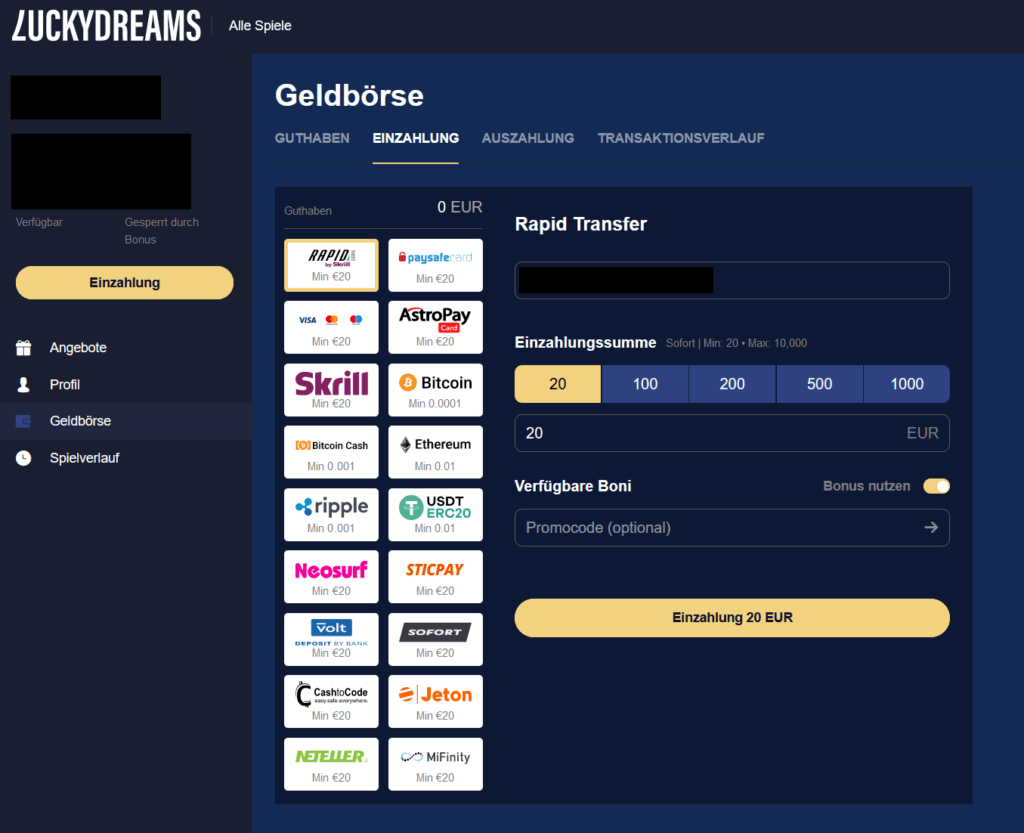 LuckyDreams Casino einzahlen