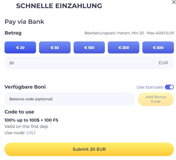 Der LuckyStart Bonus muss während der Einzahlung aktiviert werden