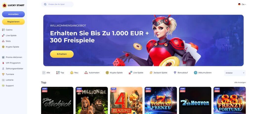 Die Startseite des LuckyStart Casinos bewirbt den Willkommensbonus