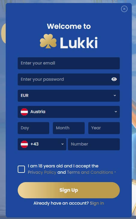 Registrierung beim Lukki Casino