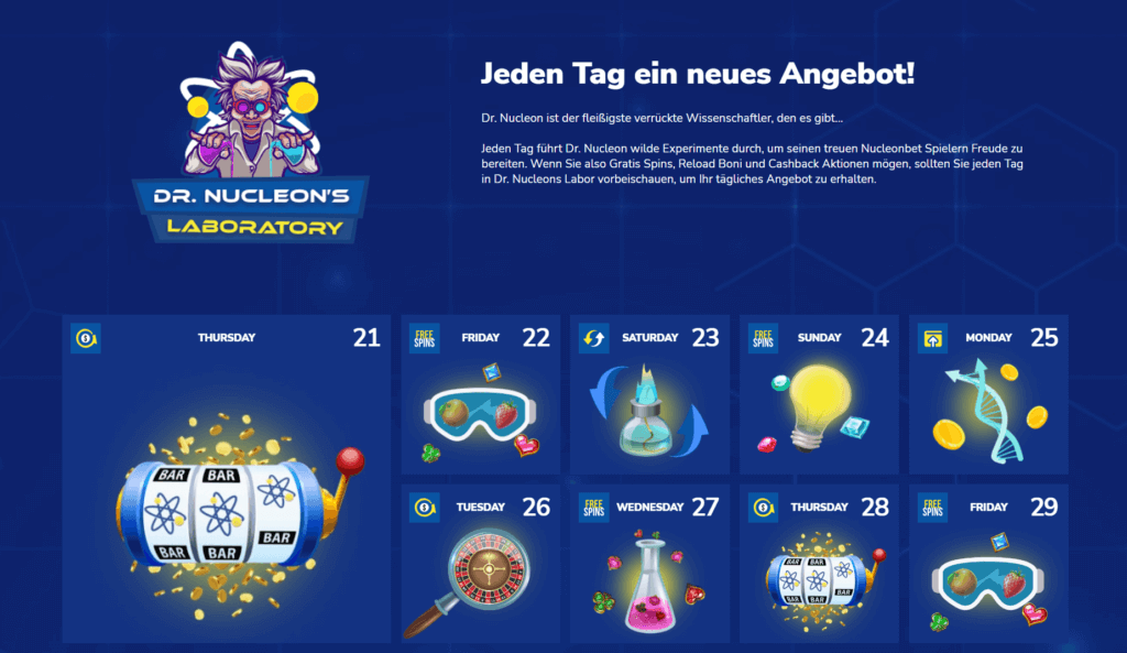 Bei Nucleonbet lohnt sich der tägliche Blick ins Bonus-Labor