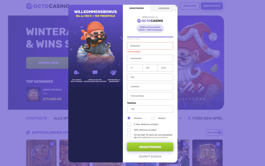 Anmeldung im Octocasino