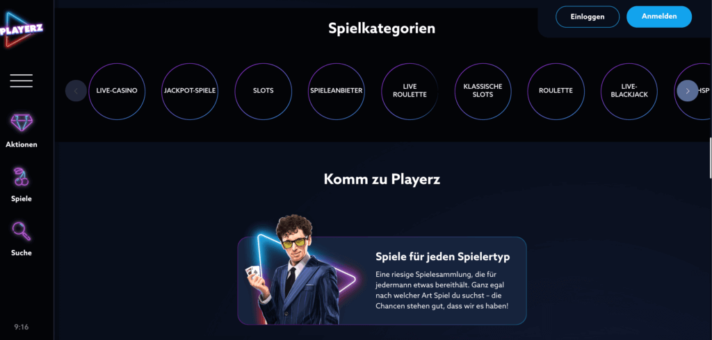 Casino Homepage von Playerz