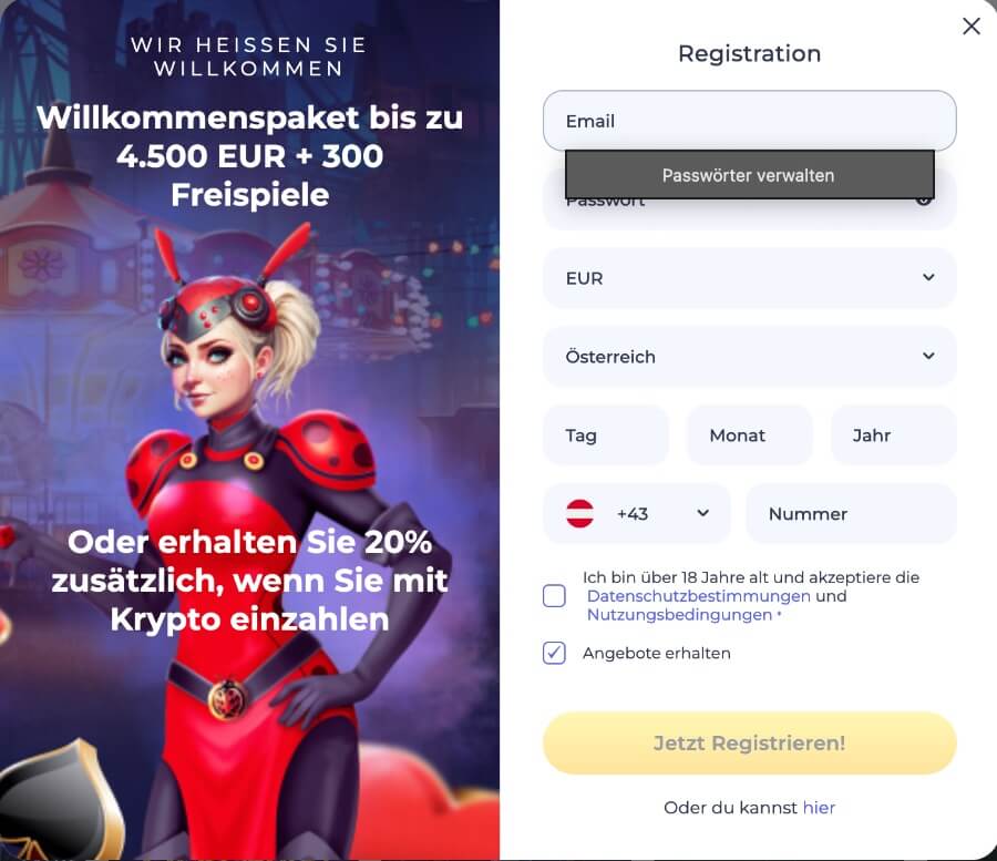 Registrierung im LuckyStart Casino