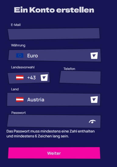 Sie müssen lediglich diese Informationen eintragen, um ein Royspins Konto zu erstellen