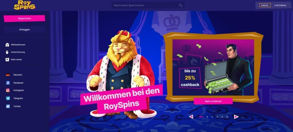 Die Startseite des Royspins Casino wird von royalen Blau- und Lilatönen dominiert