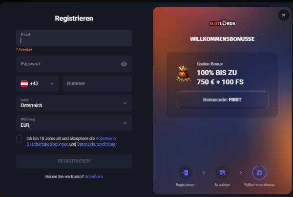 Slotlords Casino Anmeldeprozess