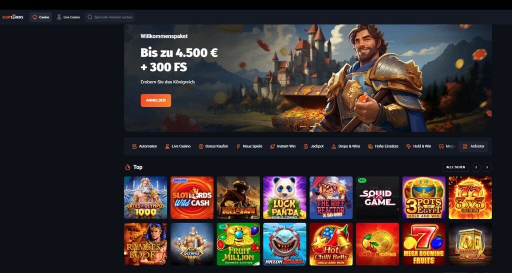 Slotlords Casino Spielauswahl