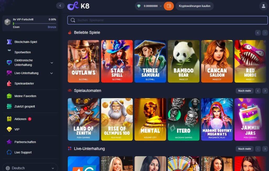 Ob Spielautomaten oder Live Casino, das K8 Casino hat reichlich Auswahl zu bieten