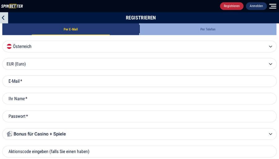 SpinBetter Registrierung und Login