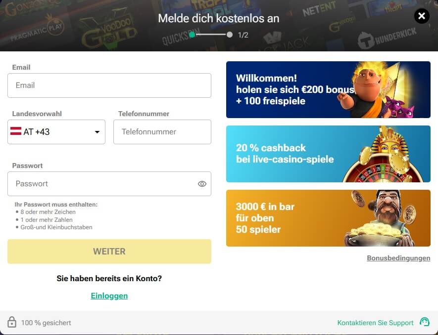 Die StreamBetz Anmeldung besteht aus zwei Schritten
