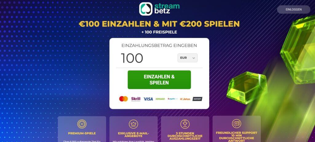 Die StreamBetz Startseite bewirbt den Willkommensbonus