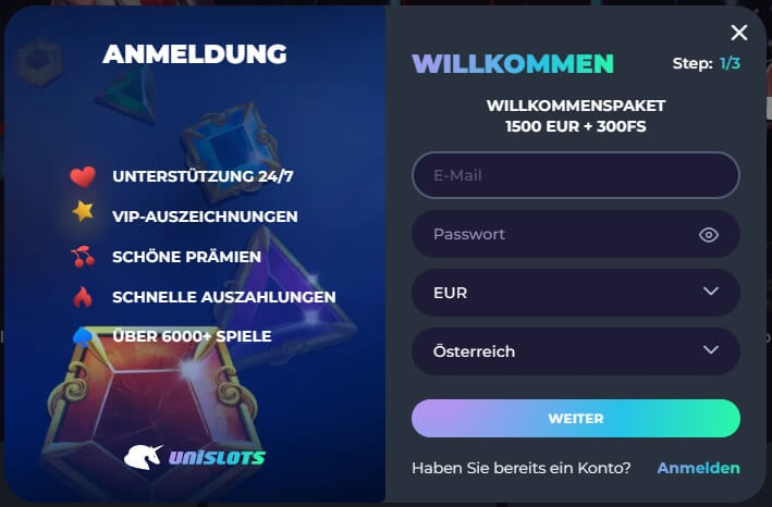 Die Unislots Anmeldung ist in drei Schritten abgeschlossen