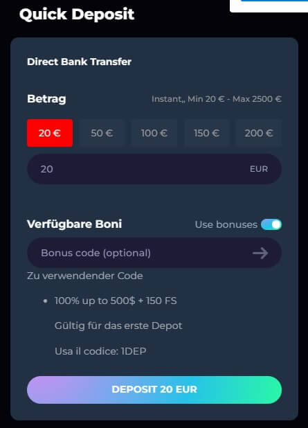 Der Unislots Bonus muss während der Einzahlung aktiviert werden