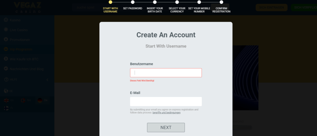 Vegaz Casino - Anmelden
