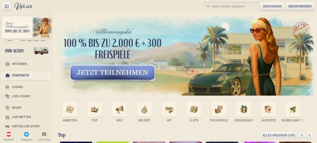 Die VipLuck Webseite ist in Beigetönen und sanften Farben gehalten