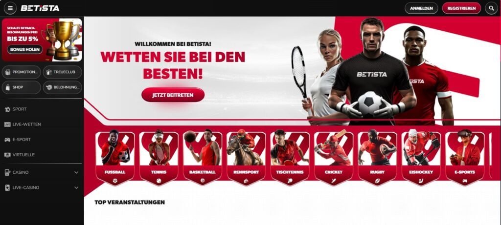 Die Betista Webseite rückt zunächst die Sportwetten in den Mittelpunkt