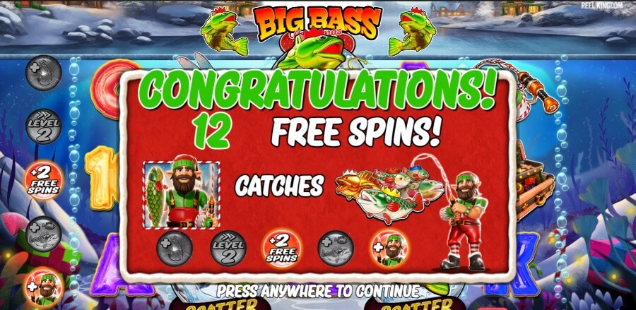 Big Bass Christmas Bash Freispiele mit extra Angler und zwei zusätzlichen Freispielen
