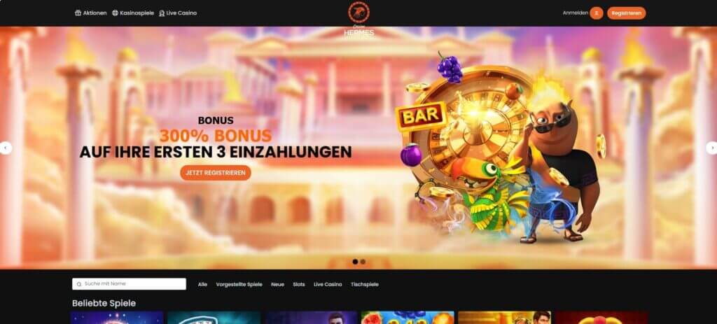 Die Casino Hermes Webseite bewirbt die Willkommensboni