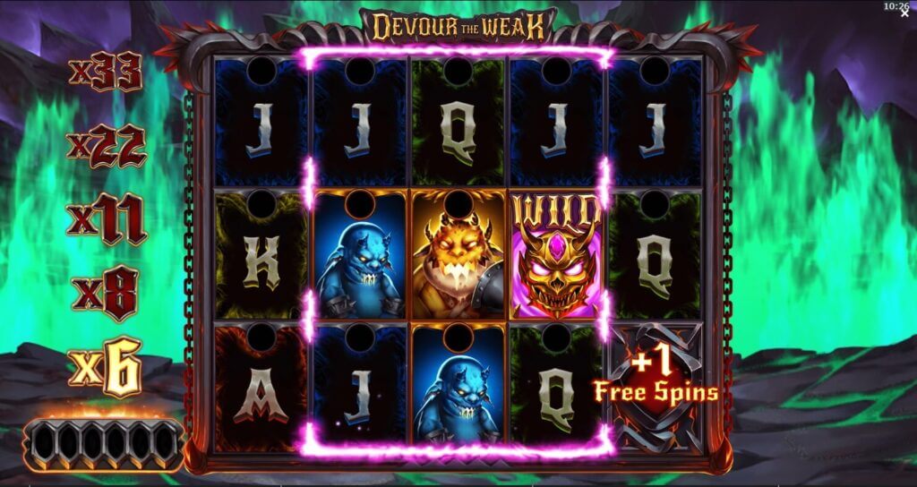 Die Devour the Weak Freispiele werden durch 6 zerstörte verhexte Symbole ausgelöst