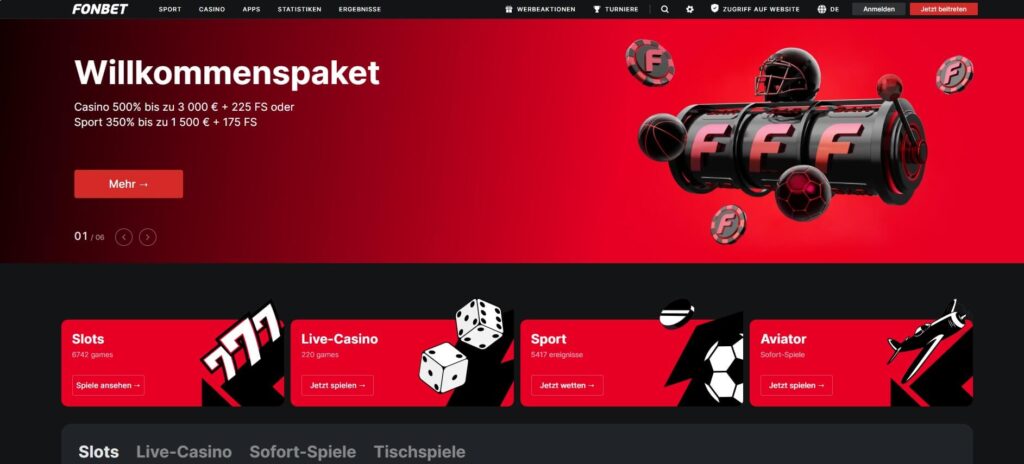 Die Fonbet Webseite bewirbt aktuelle Boni