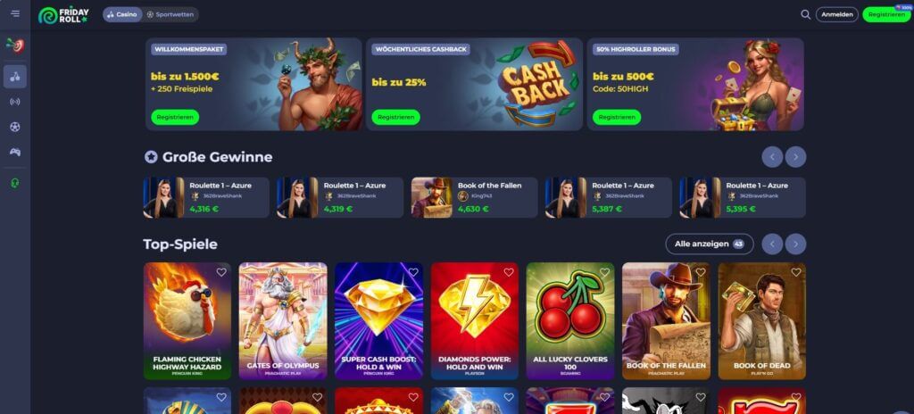 Die FridayRoll Webseite bewirbt aktuelle Boni